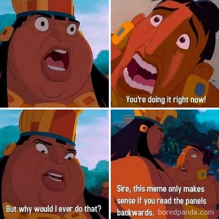 Four-panel animated movie meme showing surprised characters with dialogue about reading movie memes backwards.
