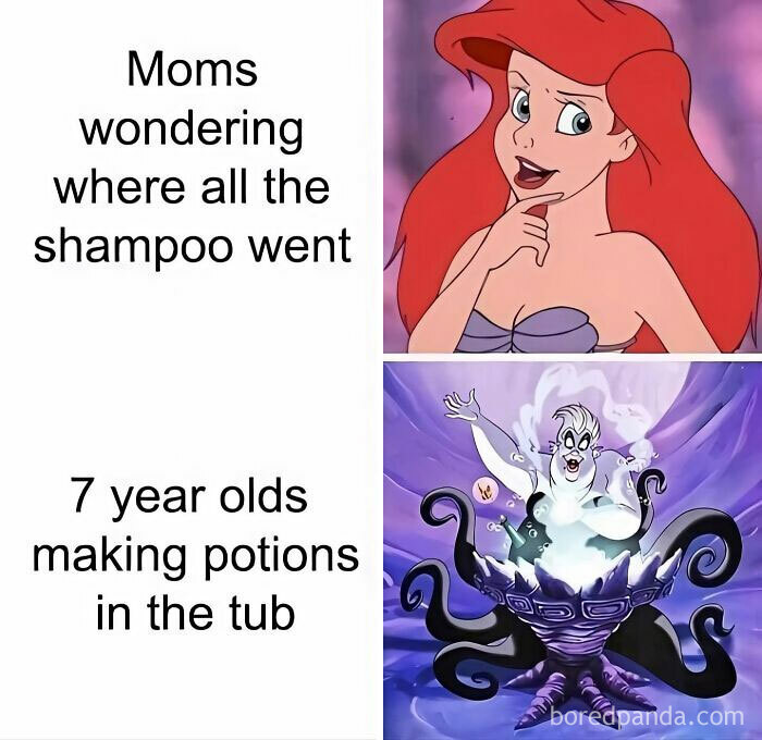 Meme featuring animated characters showing moms wondering where shampoo went and kids making potions in the tub.
