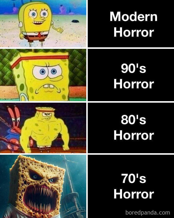 SpongeBob memes illustrating the evolution of horror movies from modern to 70's era in a humorous way.