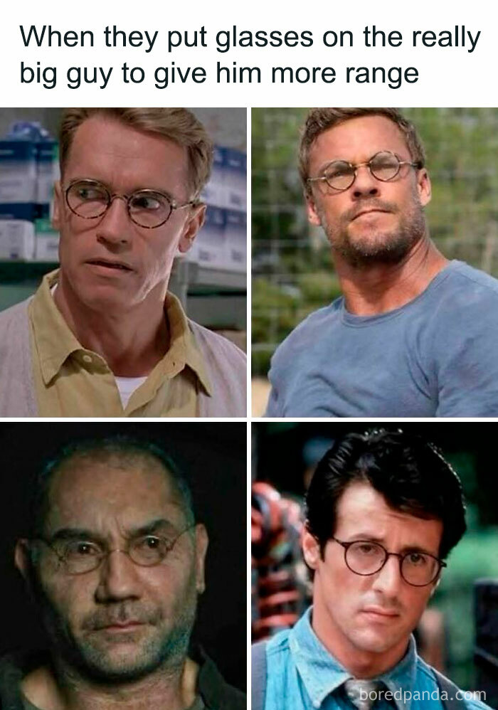 Movie memes featuring famous actors wearing glasses to humorously enhance their characters in popular films.