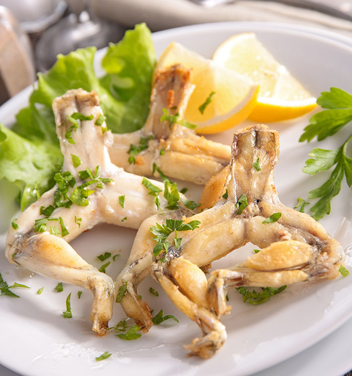 Frog legs seasoned with herbs on a white plate with lemon wedges and lettuce, a popular dish from different countries.