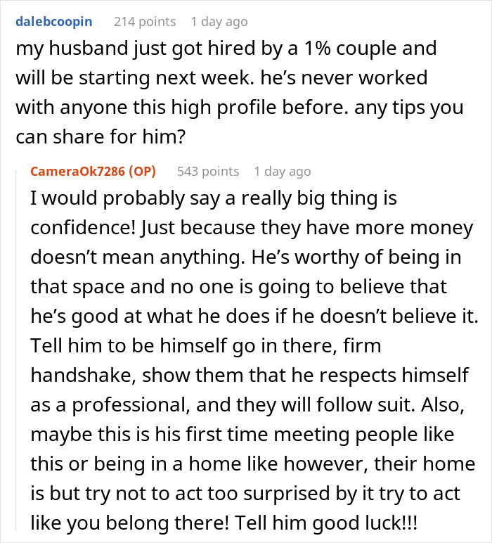 Reddit conversation sharing tips from a nanny to the ultra-wealthy on working with high-profile families confidently.