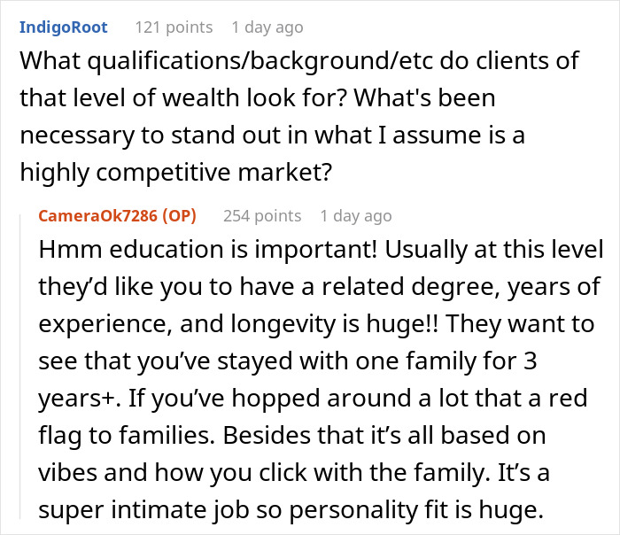 Discussion about qualifications and experience needed for a nanny to the ultra-wealthy, focusing on education and longevity.