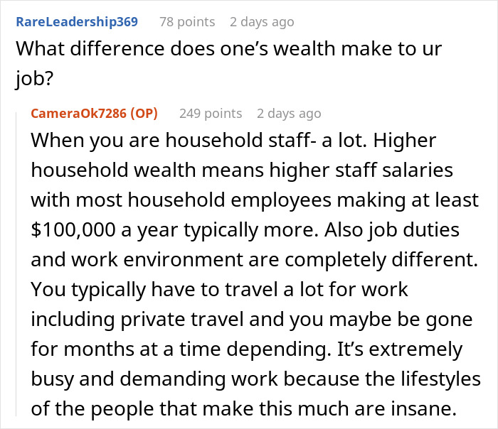Reddit conversation with a nanny to the ultra-wealthy explaining household staff salaries and work behind closed doors.