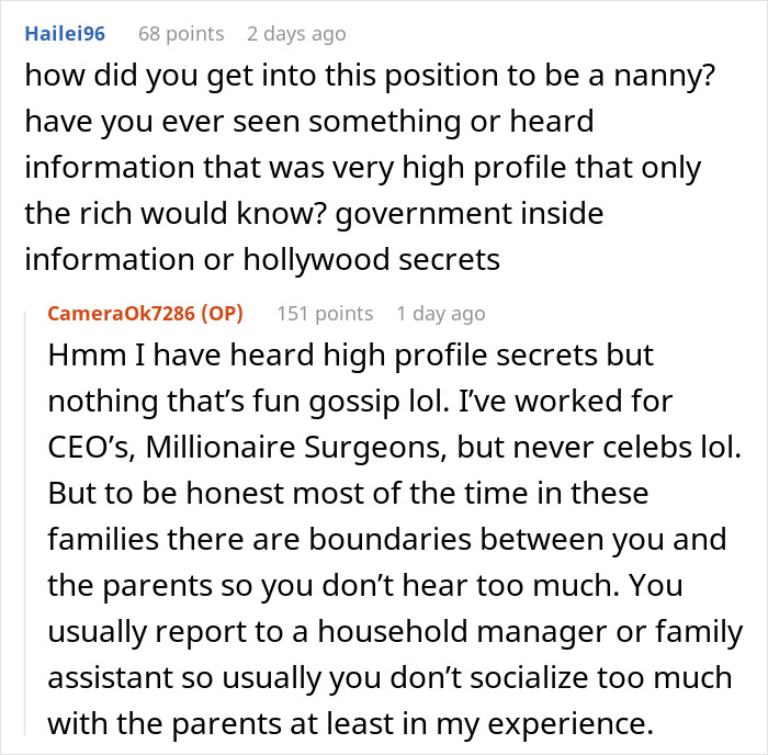 Discussion between nanny and user about secrets and experiences working for ultra-wealthy families behind closed doors.