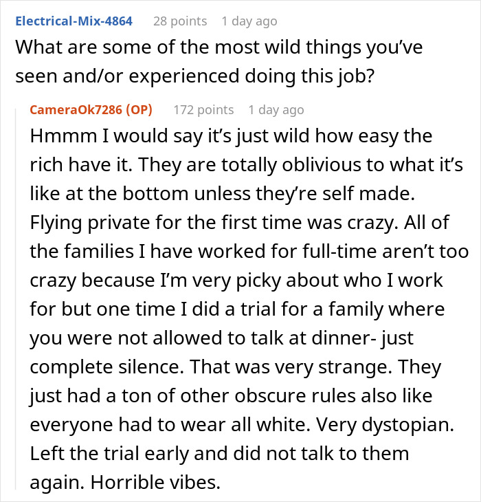 Reddit thread where a nanny to the ultra-wealthy shares wild job experiences and life behind closed doors.