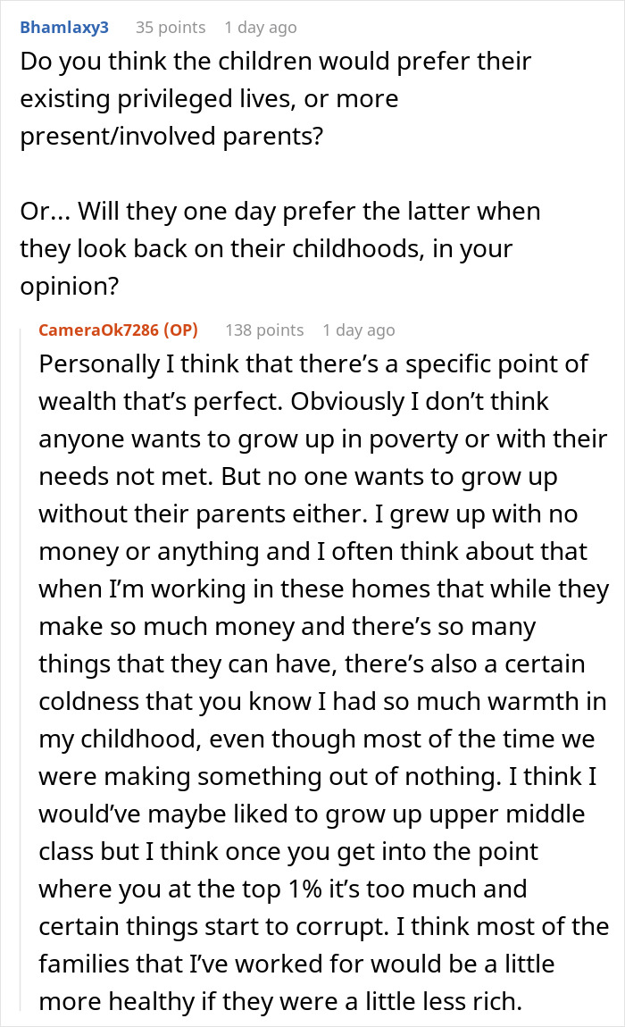 Reddit discussion where a nanny to the ultra-wealthy shares views on wealth and family life behind closed doors.