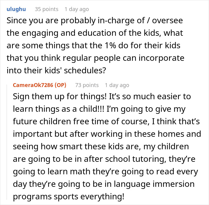 Reddit conversation where a nanny to the ultra-wealthy shares insights on kids' education and enrichment activities.