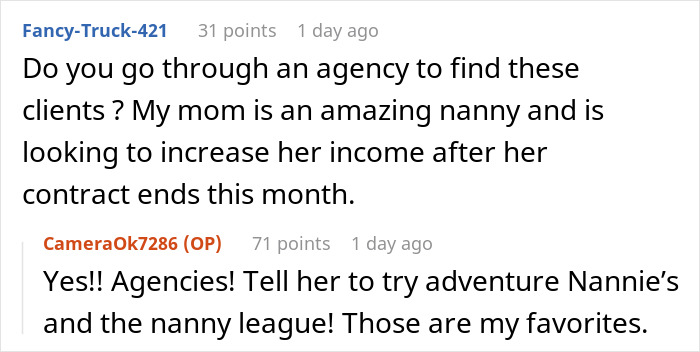 Comment thread discussing how nannies find ultra-wealthy clients through agencies like Adventure Nannies and The Nanny League.