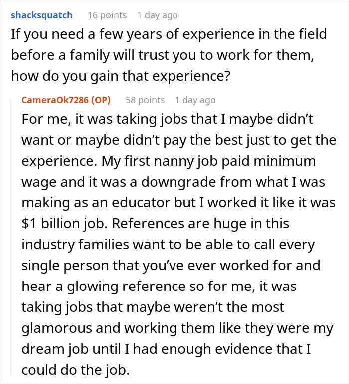 Reddit conversation showing a nanny to the ultra-wealthy sharing advice on gaining experience and securing references.