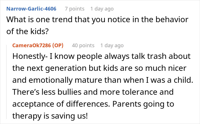 Screenshot of a Reddit conversation where a nanny to the ultra-wealthy discusses kids’ behavior trends and emotional maturity.