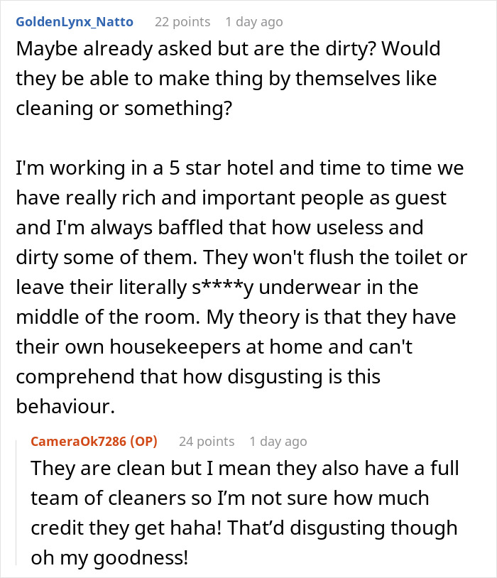 Reddit discussion about cleanliness and habits of ultra-wealthy guests behind closed doors shared by a nanny.