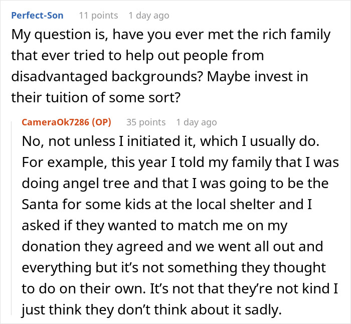 Conversation screenshot of a nanny to the ultra-wealthy answering questions about philanthropic efforts behind closed doors.