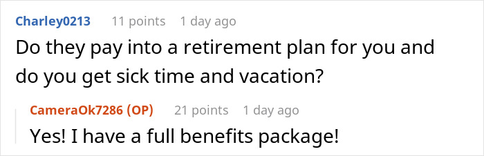 Screenshot of an online conversation about benefits shared by a nanny to the ultra-wealthy answering questions.