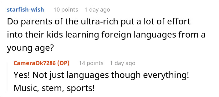 Reddit user asking if ultra-wealthy parents focus on foreign languages, nanny replies they prioritize all skills including music and sports.
