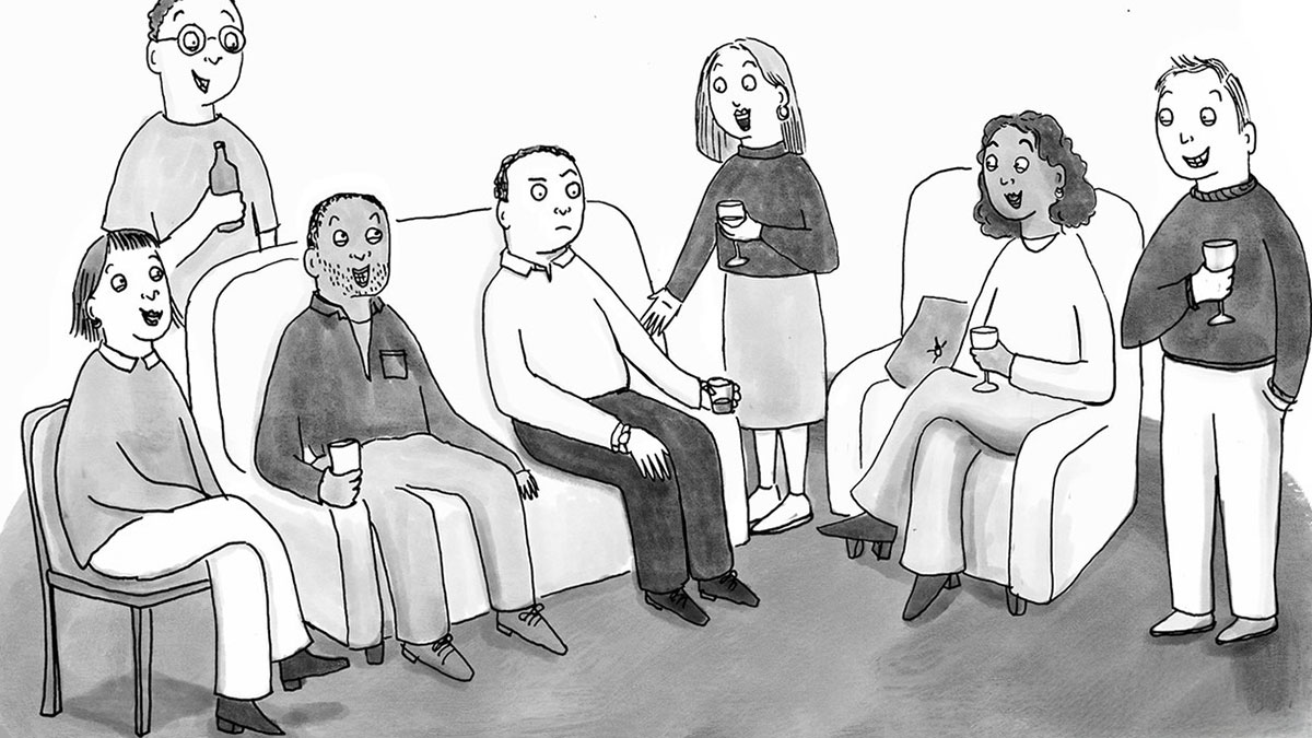 Group of people in a cartoon style social gathering, holding drinks and interacting in a relatable comic scene.