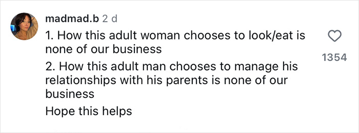 Instagram comment discussing opinions on adult choices, relating to fans thinking Brooklyn&rsquo;s wife Nicola Peltz and Victoria exchanged subtle jabs.