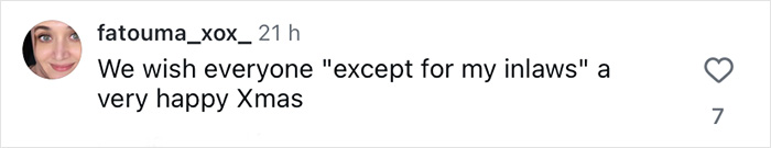 Instagram comment by user fatouma_xox joking about inlaws and wishing a happy Christmas amid fan discussions of Brooklyn&rsquo;s wife Nicola Peltz and Victoria.