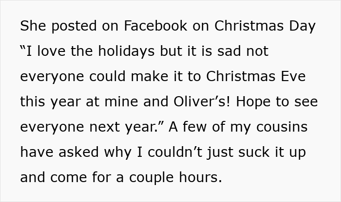 Facebook post expressing disappointment about no vegan options at Christmas Eve dinner and missing family gathering this year. Facebook post expressing disappointment about no vegan options at Christmas Eve dinner and missing family gathering this year.