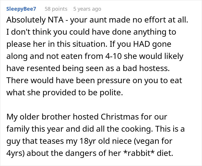 Comment on Reddit discussing lack of no vegan options Christmas Eve dinner and family holiday hosting challenges. Comment on Reddit discussing lack of no vegan options Christmas Eve dinner and family holiday hosting challenges.