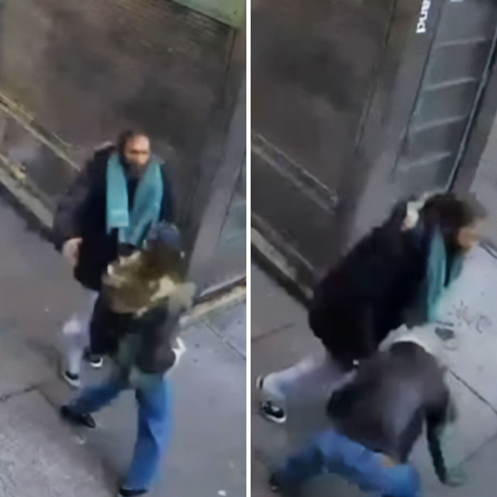 Surveillance images showing a viral video capturing a shove incident involving a friend of NYU shove victim and serial creep. Surveillance images showing a viral video capturing a shove incident involving a friend of NYU shove victim and serial creep.