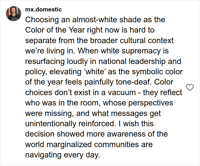 Social media post criticizing Pantone’s Color of the Year choice amid discussions on race and cultural context online.