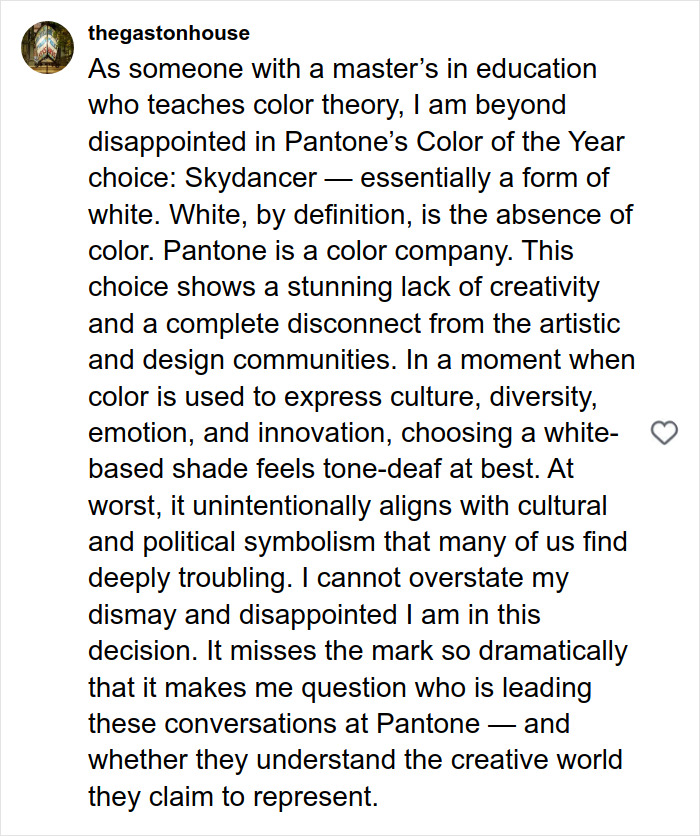 Comment expressing disappointment in Pantone’s Color of the Year choice Skydancer sparking online backlash over racism claims. Comment expressing disappointment in Pantone’s Color of the Year choice Skydancer sparking online backlash over racism claims.