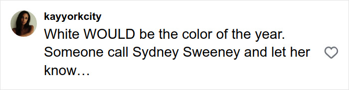 Social media comment referencing Sydney Sweeney and Pantone’s controversial color of the year debate. Social media comment referencing Sydney Sweeney and Pantone’s controversial color of the year debate.