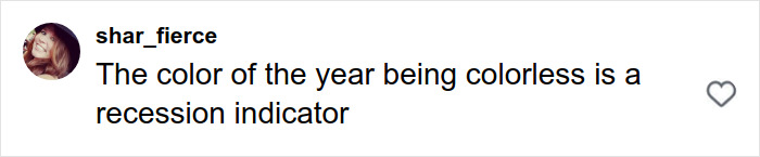 Screenshot of a social media comment criticizing Pantone’s color of the year as colorless and a recession indicator.