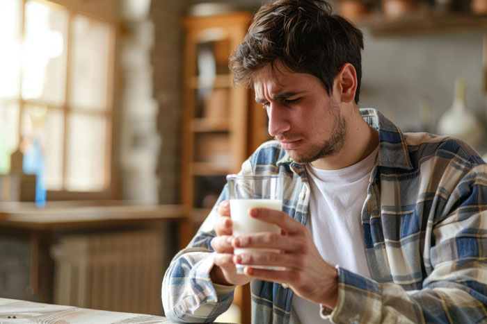 Young man in a plaid shirt looking concerned holding a glass of milk, highlighting parents lied about allergies. Young man in a plaid shirt looking concerned holding a glass of milk, highlighting parents lied about allergies.