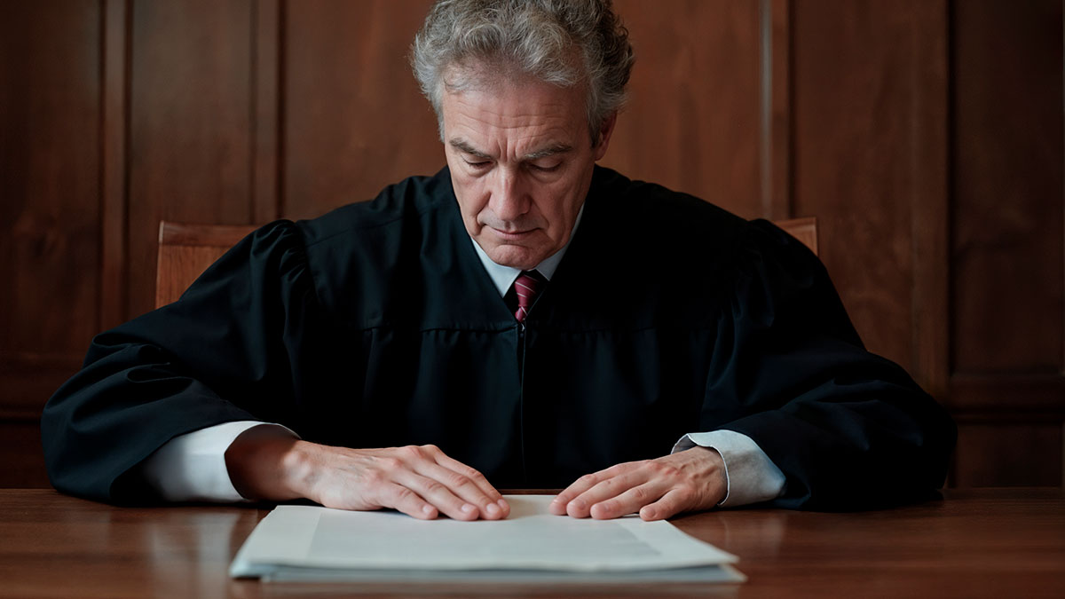 Judge in black robe reviewing documents at courtroom desk, reflecting on vain selfish unloving sociopath behavior cases.