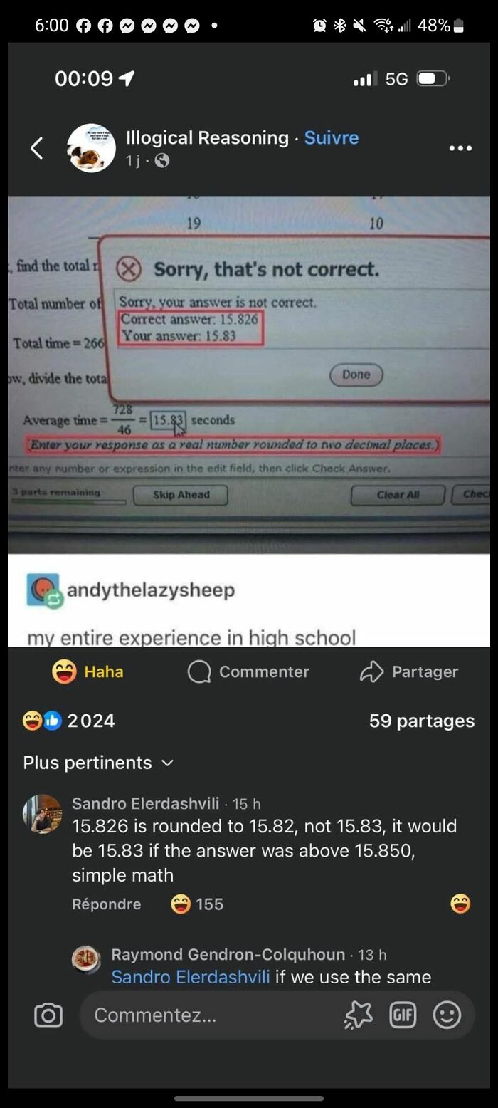Screenshot of a math answer marked incorrect despite close rounding, illustrating fail hilariously in fixing others.