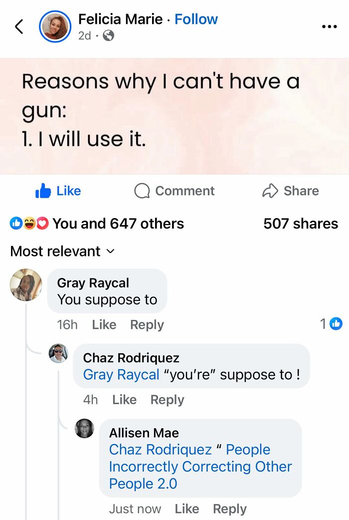 Facebook post showing a humorous gun ownership reason and comments humorously correcting each other, highlighting funny fails.