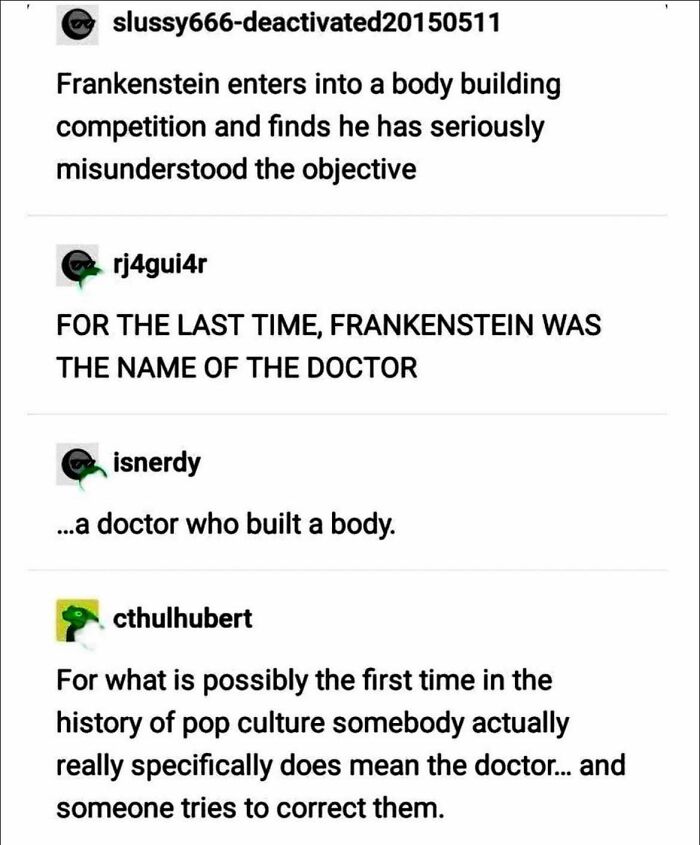 Screenshot of a humorous online discussion showing misunderstandings and failed corrections of Frankenstein in a funny context.