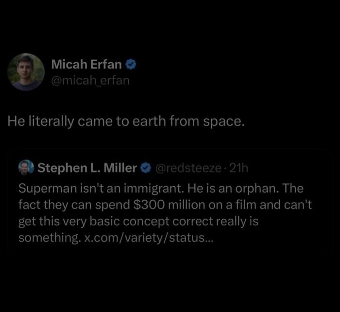 Tweet exchange debating Superman’s origin, highlighting humorous fails in trying to fix misunderstandings about characters.