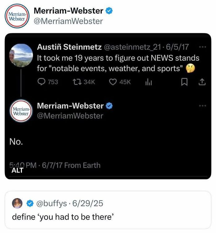 Twitter exchange showing humorous fail where Merriam-Webster corrects a wrong meaning, highlighting funny moments of trying and failing.