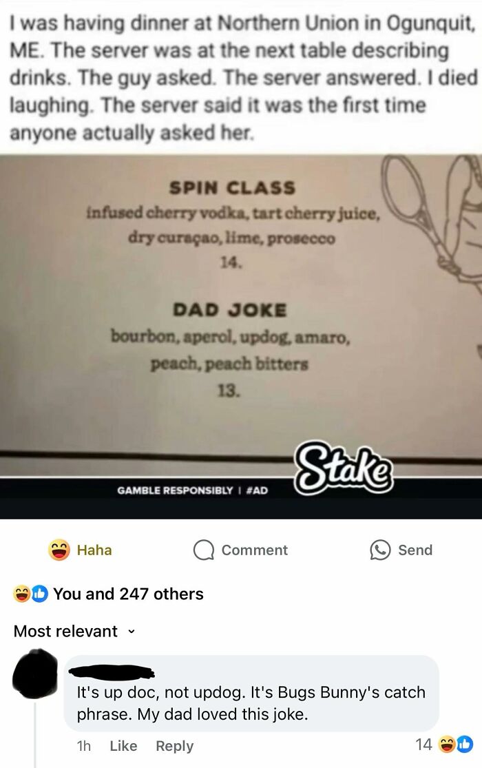 Menu showing cocktails named Spin Class and Dad Joke with funny server story, highlighting stupid fails and humor attempts.