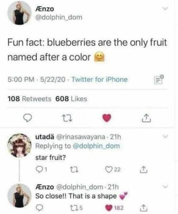 Twitter exchange showing a funny fail involving fruit names and misunderstandings highlighting attempts to fix others.