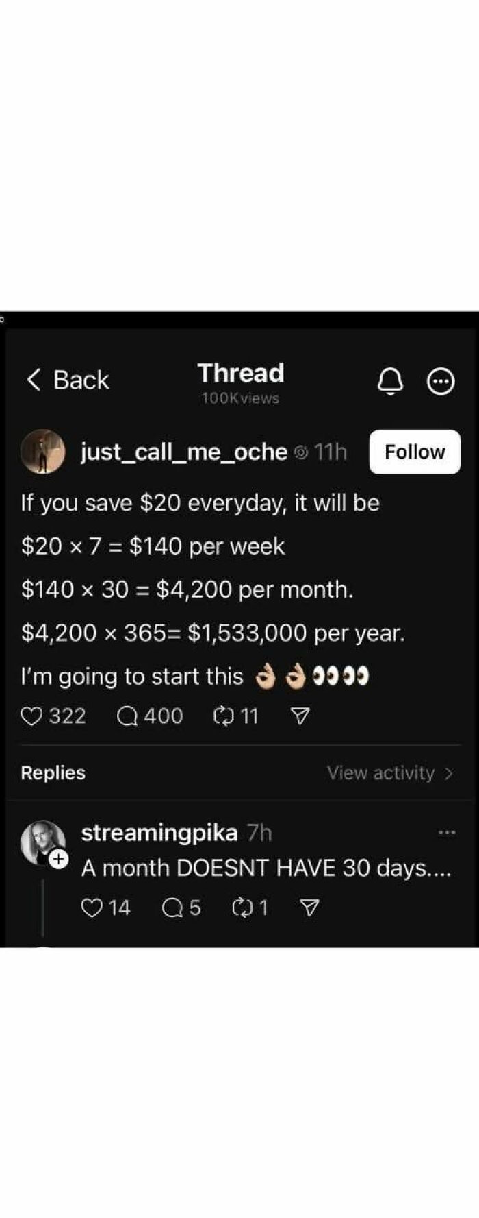 Screenshot of a social media thread showing a math fail about saving money daily with a correction about days in a month.