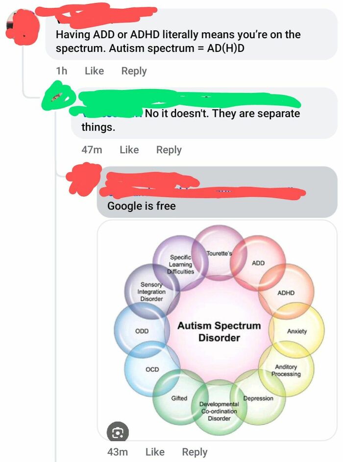 Screenshot of a social media debate about autism spectrum disorder and ADHD, illustrating misinformation and confusion.