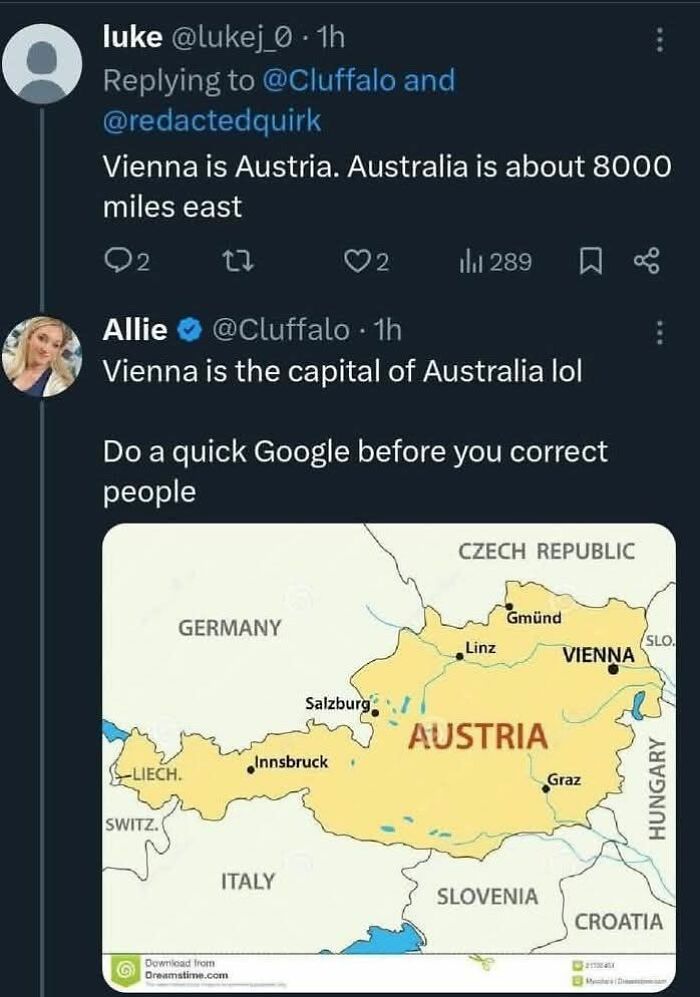 Twitter conversation showing a geographic mistake and a map, highlighting moments when people try to fix others and fail hilariously.