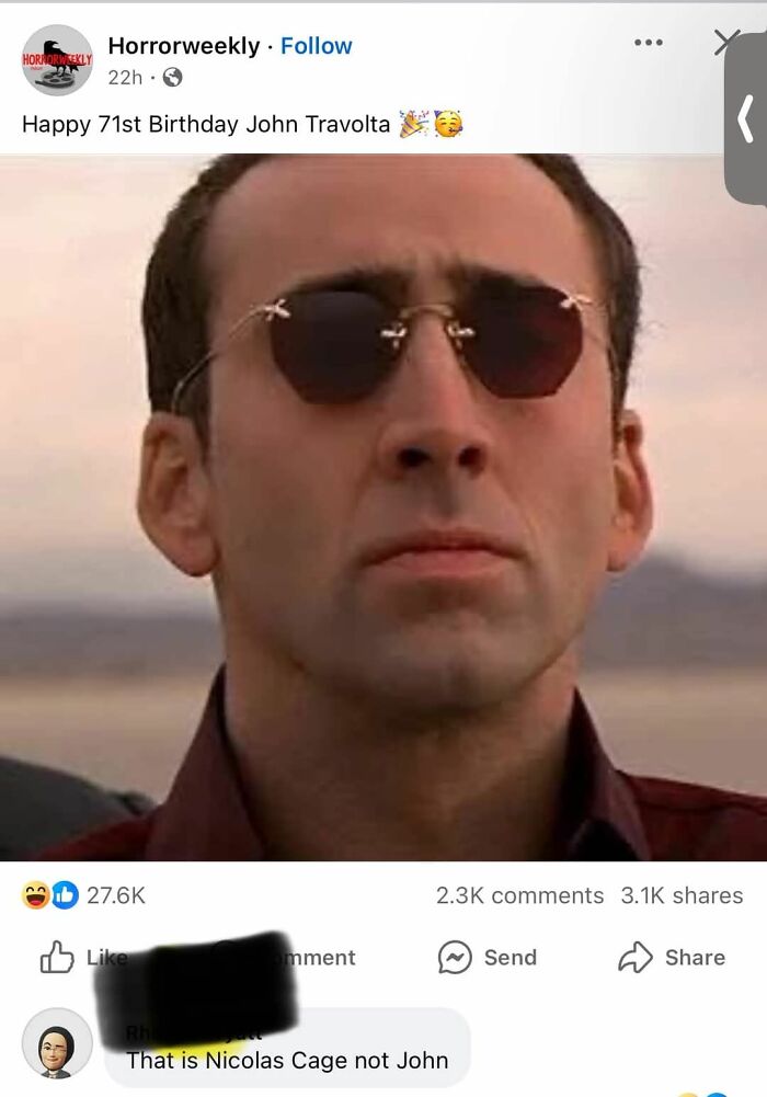 Close-up of a man wearing sunglasses outdoors with a social media comment highlighting a humorous mistaken identity fail.