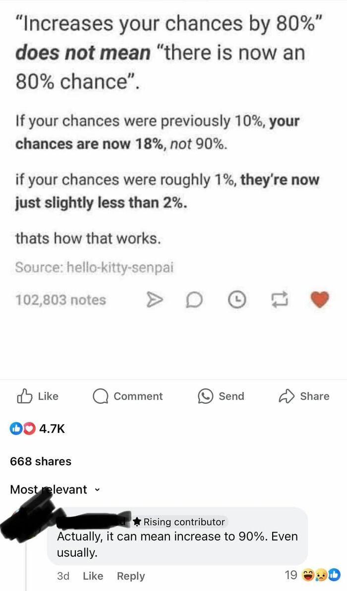 Text post explaining chances increasing by 80% does not mean 80% chance, illustrating common misunderstanding humorously.