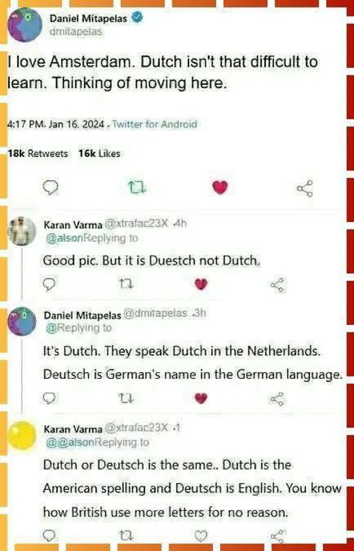 Twitter exchange showing a hilarious language debate, illustrating stupidity failing to fix others with amusing misunderstandings.