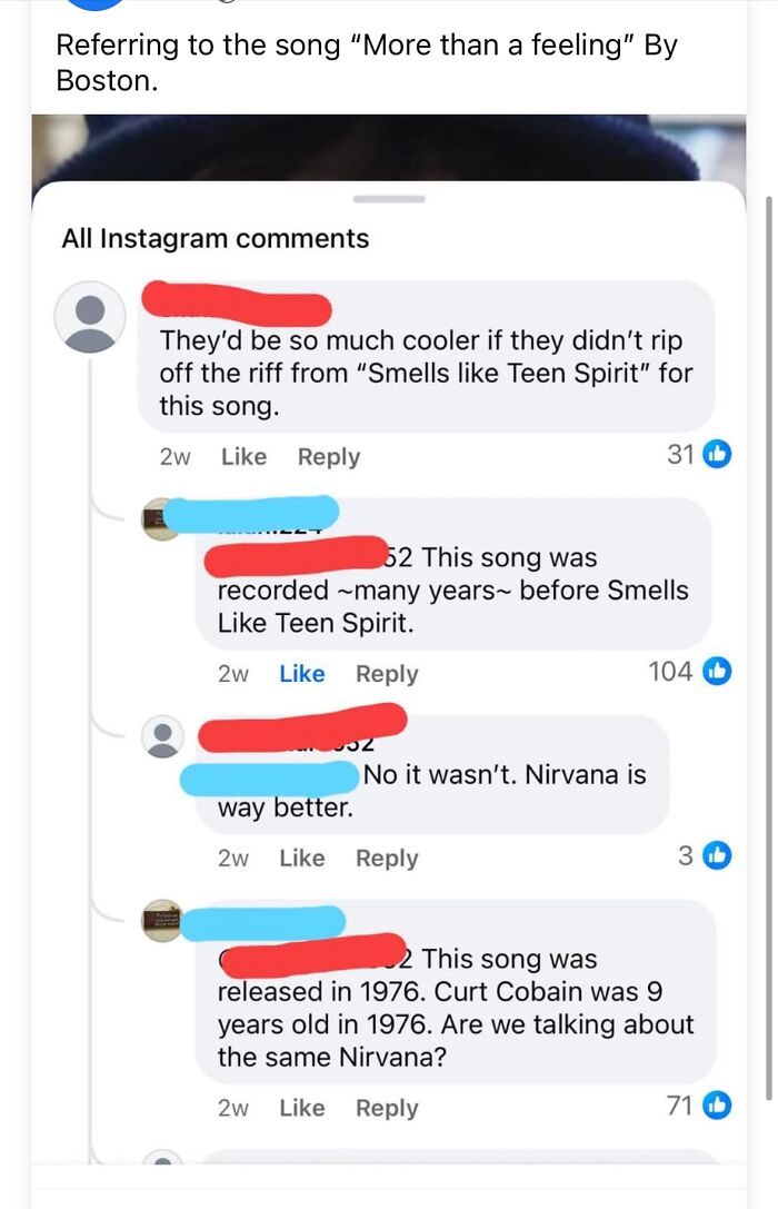 Instagram comments debating song originality and music facts, showcasing failed attempts to fix others hilariously.