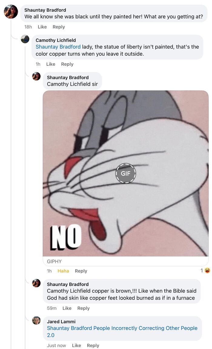 Online argument with funny image of Bugs Bunny saying no, highlighting people incorrectly correcting others failing hilariously.