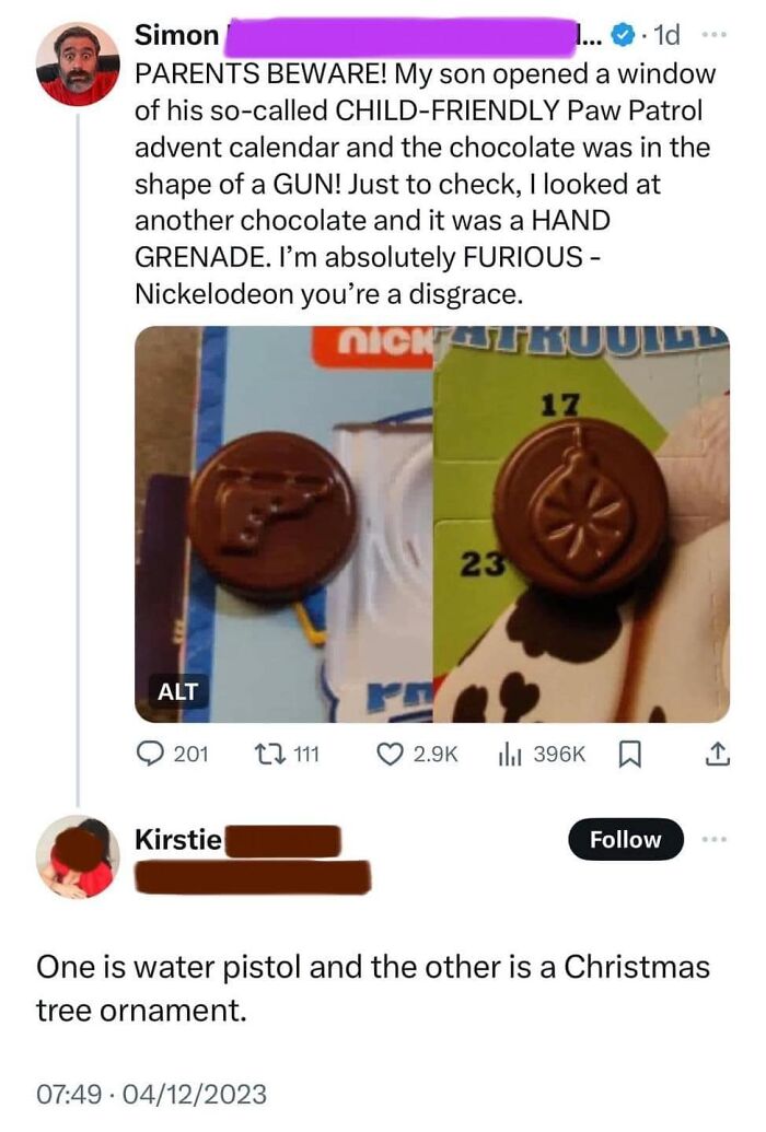 Tweet showing complaints about child-friendly Paw Patrol advent calendar chocolates shaped like a gun and a g*****e, highlighting fails.