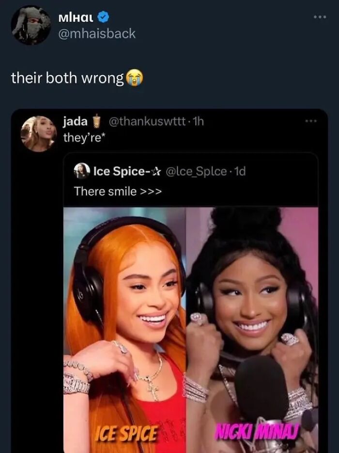 Screenshot of a social media exchange featuring humorous grammar mistakes and two smiling women labeled Ice Spice and Nicki Minaj.