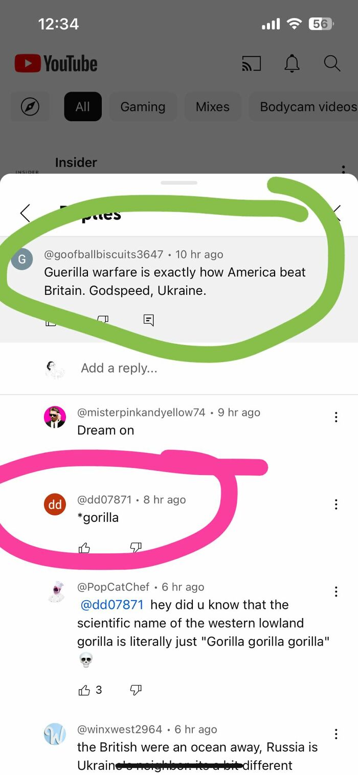 YouTube comment thread showing funny spelling correction with highlighted text illustrating failed attempts to fix others.