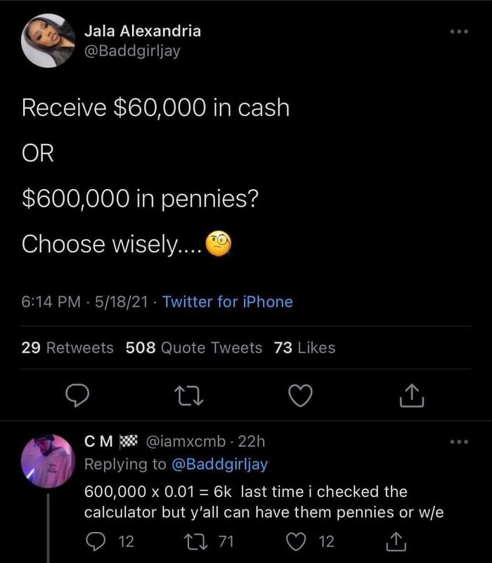 Twitter exchange showing a humorous attempt to fix others with a math fail involving $600,000 in pennies.